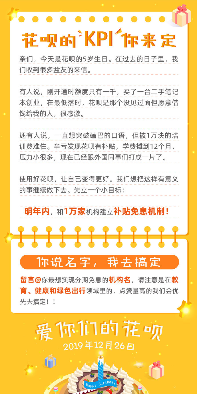 花呗5周年功能升级 推出“1年1万家机构”计划