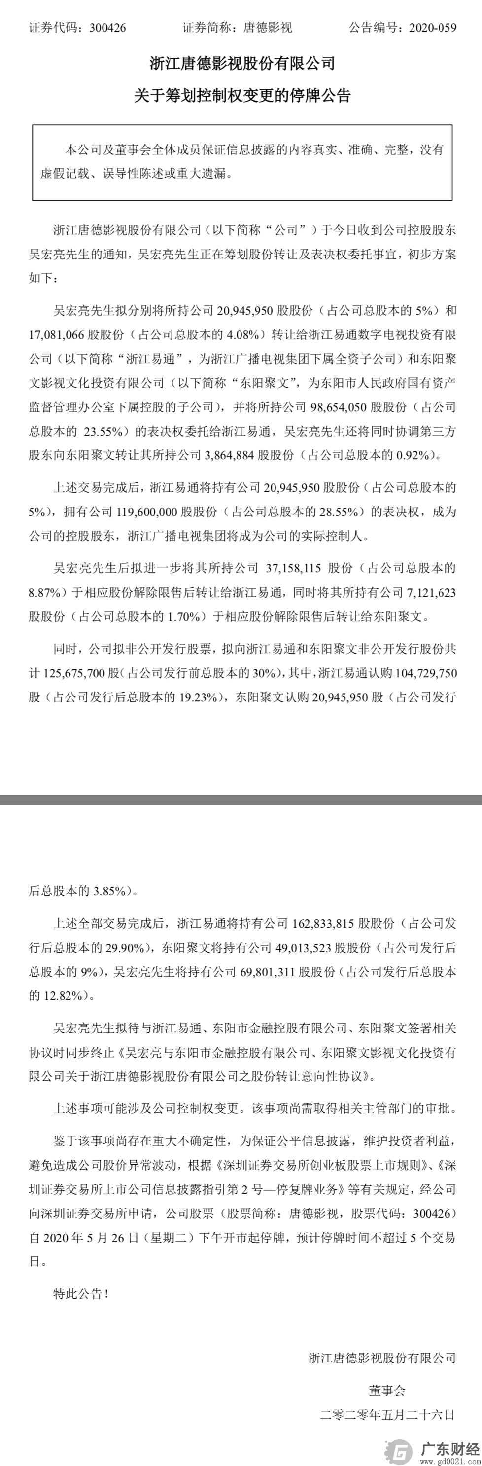 唐德影视易主，浙江广播电视集团以28.55%股份成为实控人