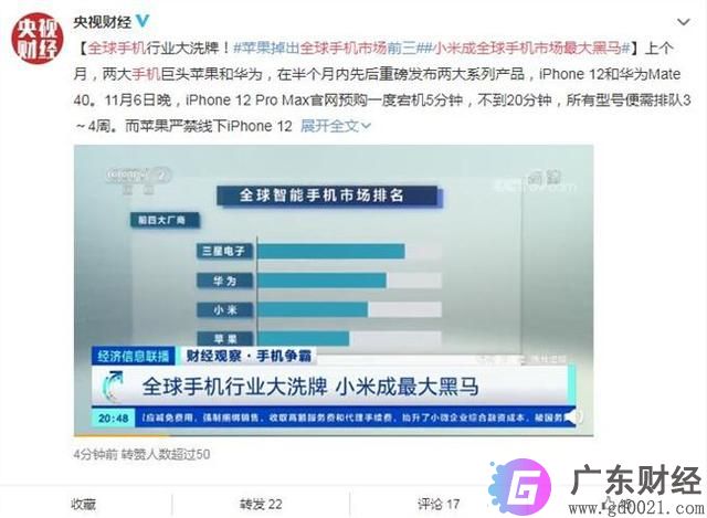 苹果掉出全球手机市场前三 小米成全球手机市场最大黑马