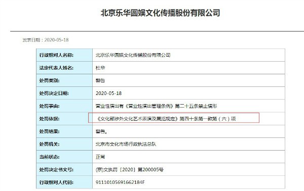 乐华娱乐深夜回应被行政处罚：与祖国立场坚定一致