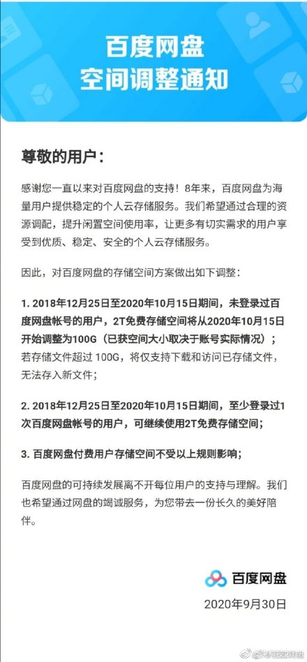 百度网盘发布空间调整通知:2年不登录,免费空间降至100GB 百度网盘发布空间调整通知:2年不登录,免费空间降至100GB