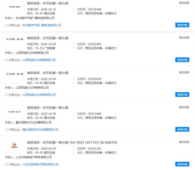 冬天的第一顿火锅被申请商标 此前秋天第一杯奶茶公司成立