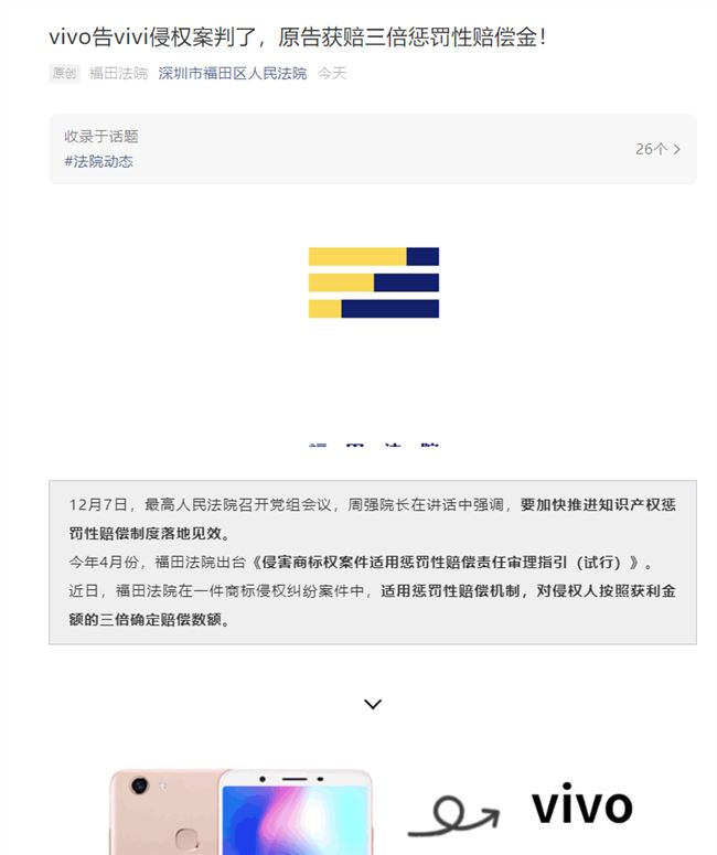 vivo告vivi侵权案宣判 原告获赔103.5万元赔偿金