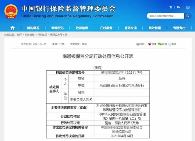 多次被罚！兴业银行一个月内收5张行政罚单，罚金总计高达230万