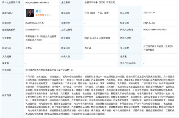 小鹏汽车在武汉成立新公司