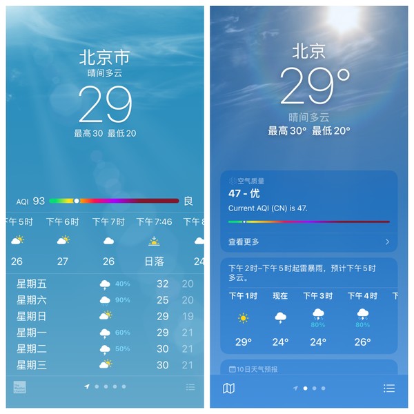 天气App（左：iOS 14 右：iOS 15）