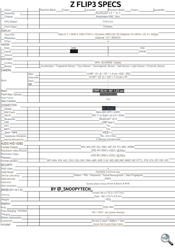 三星Z Flip3规格表