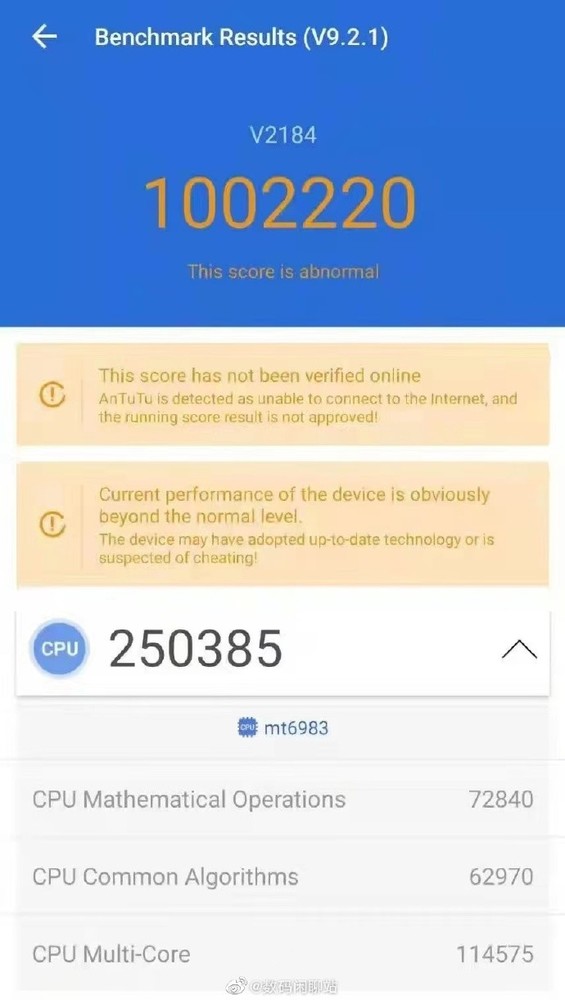 型号为MT6983的芯片在安兔兔跑分中成绩首破百万