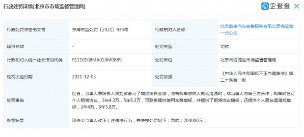 蔚来误导消费者被罚20万！其销售人员称可租车牌购车