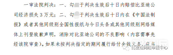 互联网不是法外之地 一男子长期诋毁比亚迪被判赔3万元