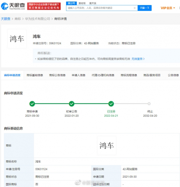 全都要！华为成功注册“鸿车”商标 此前曾申请过“车鸿”