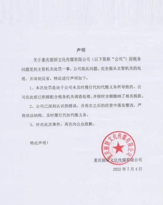袁冰妍公司因逃税被罚97万 工作室致歉：深刻反省 积极整改