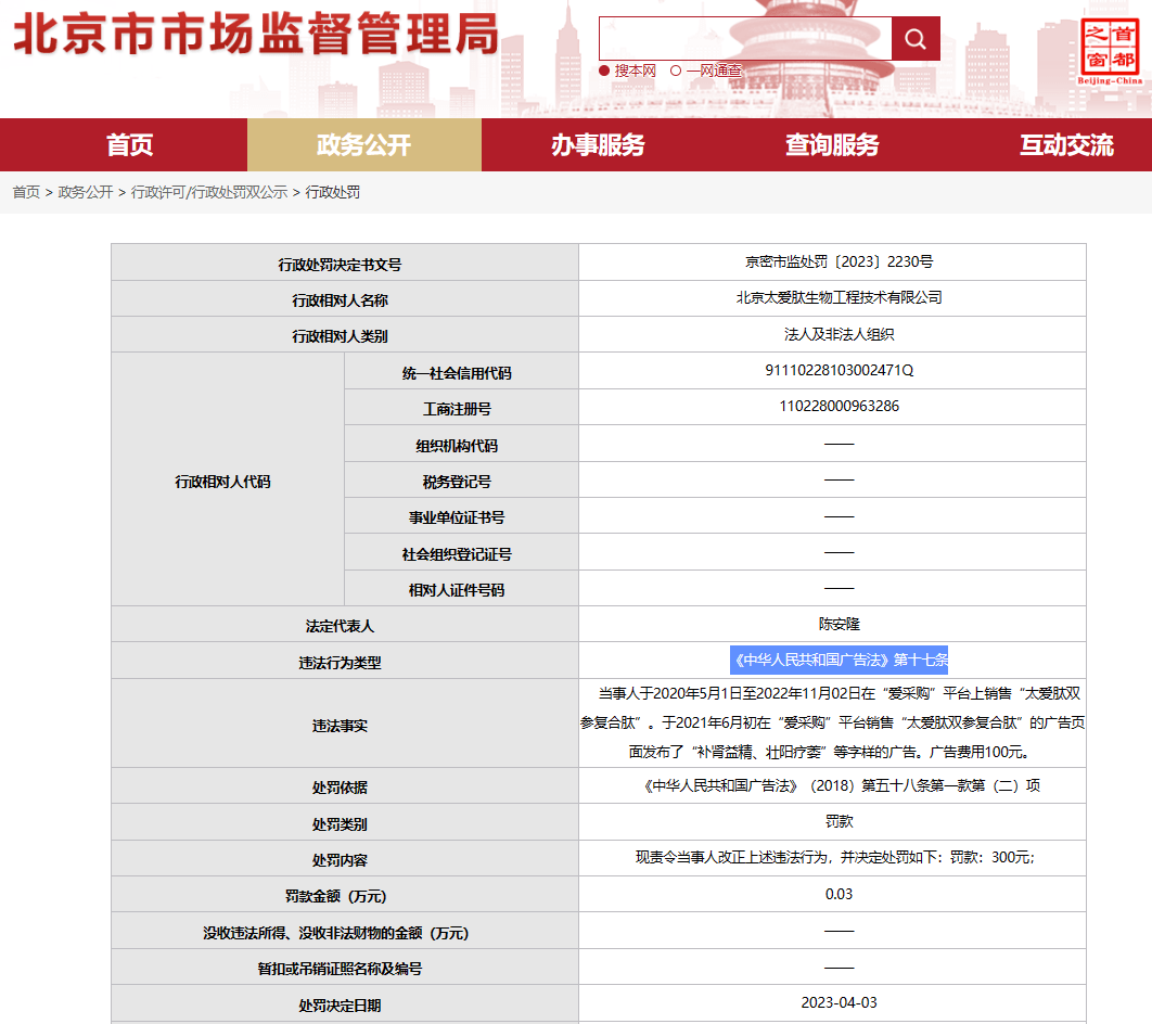 曾两度被罚 北京太爱肽公司又因违反《广告法》被行政处罚